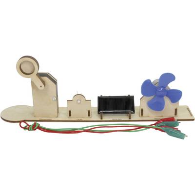 Modello in legno chiaro, dotato di ventilatore solare, LED e motore. Dimostra la conversione dell'energia solare attraverso un design semplice.