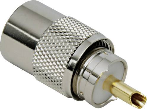 Un connettore coassiale con involucro metallico e punta dorata, idoneo per il collegamento di cavi antenna o dispositivi elettronici.