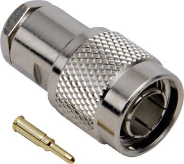 Connettore coassiale metallico e un piccolo pin dorato su sfondo bianco. Il connettore ha un manico zigrinato.