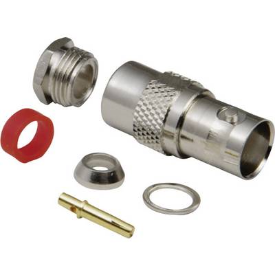Connettore BNC smontato: involucro metallico con zigrinatura, disco di isolamento rosso, pin di contatto dorato e componenti metalliche per il montaggio.