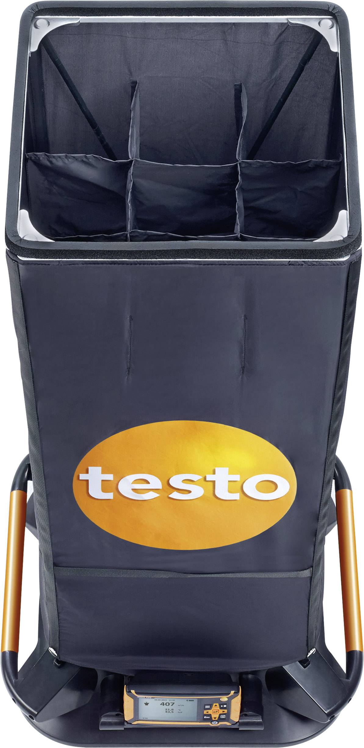 Un dispositivo di misurazione del flusso volumetrico nero con logo 'testo' arancione, utilizzato per misurare la quantità di aria proveniente da aperture di ventilazione.