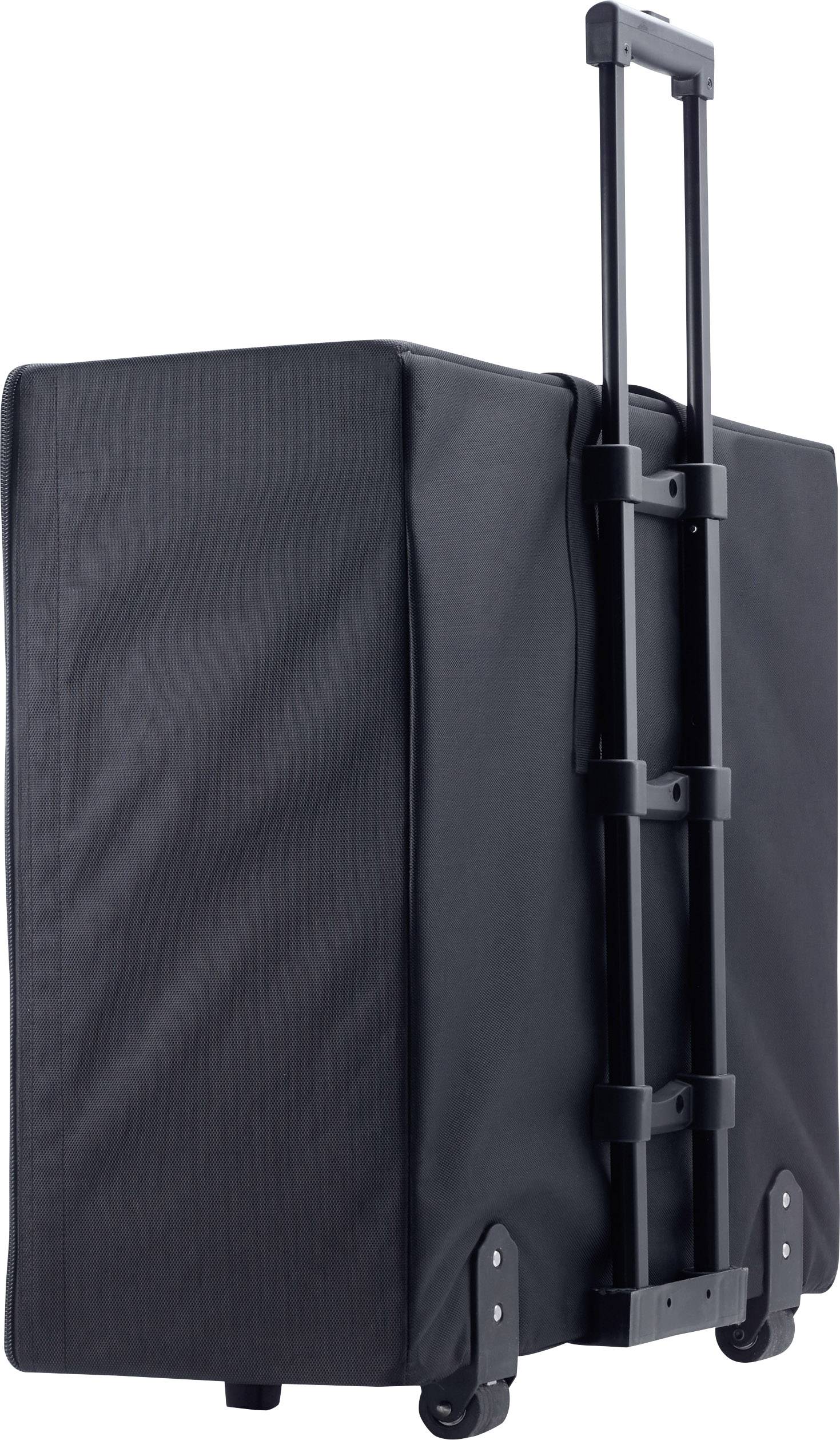 Una valigia nera, spaziosa, con un manico telescopico estraibile, in piedi su due ruote. Ideale per viaggiare.