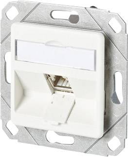 Un connettore di rete bianco in un supporto metallico, idoneo per il montaggio a parete. Dotato di spina RJ45.