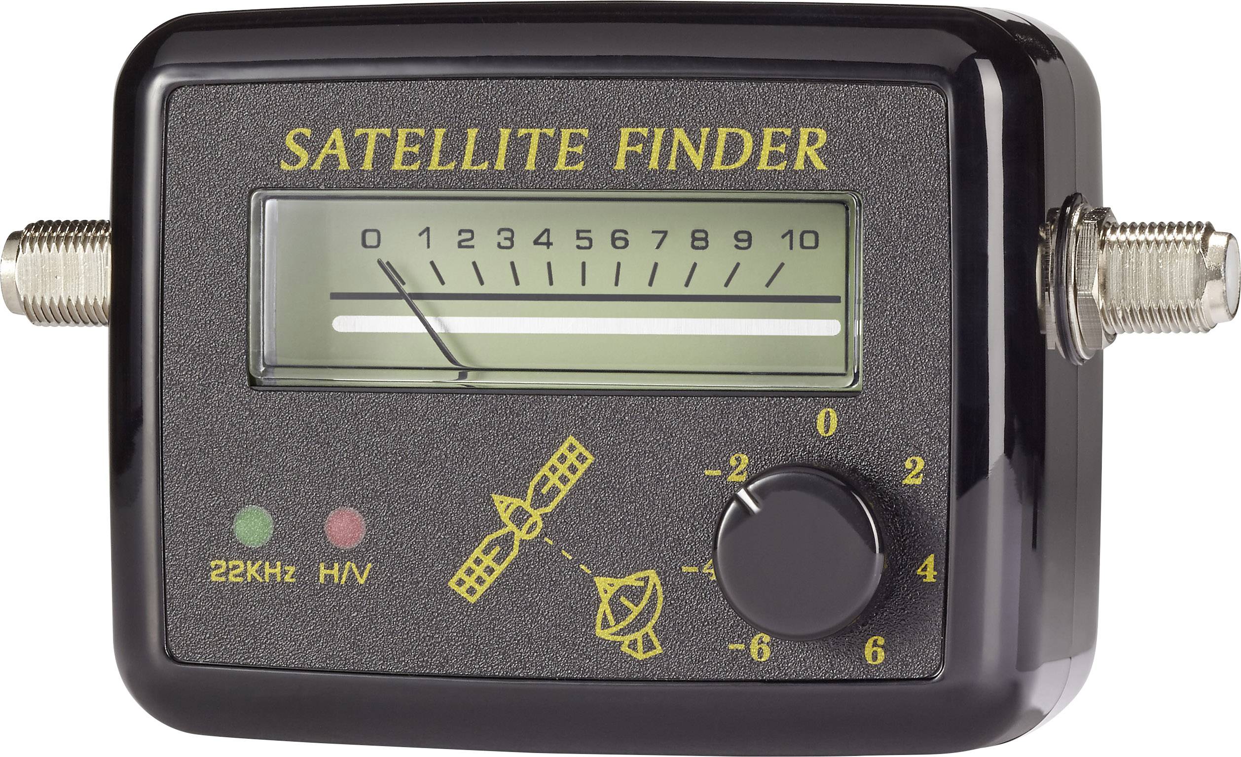 Un cercatore satellitare nero con display e manopola di regolazione mostra l'intensità del segnale da 0 a 10. Connessioni a sinistra e a destra.