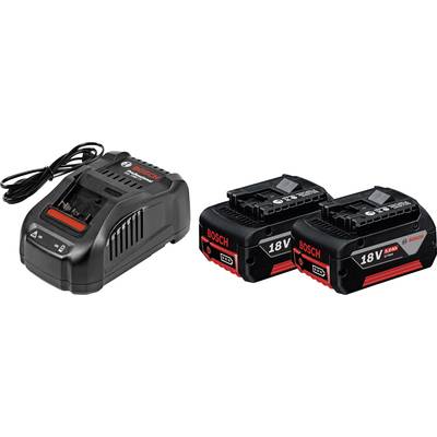 Caricabatterie con due batterie Li-Ion 18V. Adatto per utensili elettrici, marchio visibile. Ideale per lavori fai-da-te.