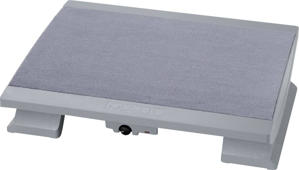 Un poggiapiedi grigio, leggermente inclinato, con superficie antiscivolo. Utile per un supporto ergonomico durante la seduta.