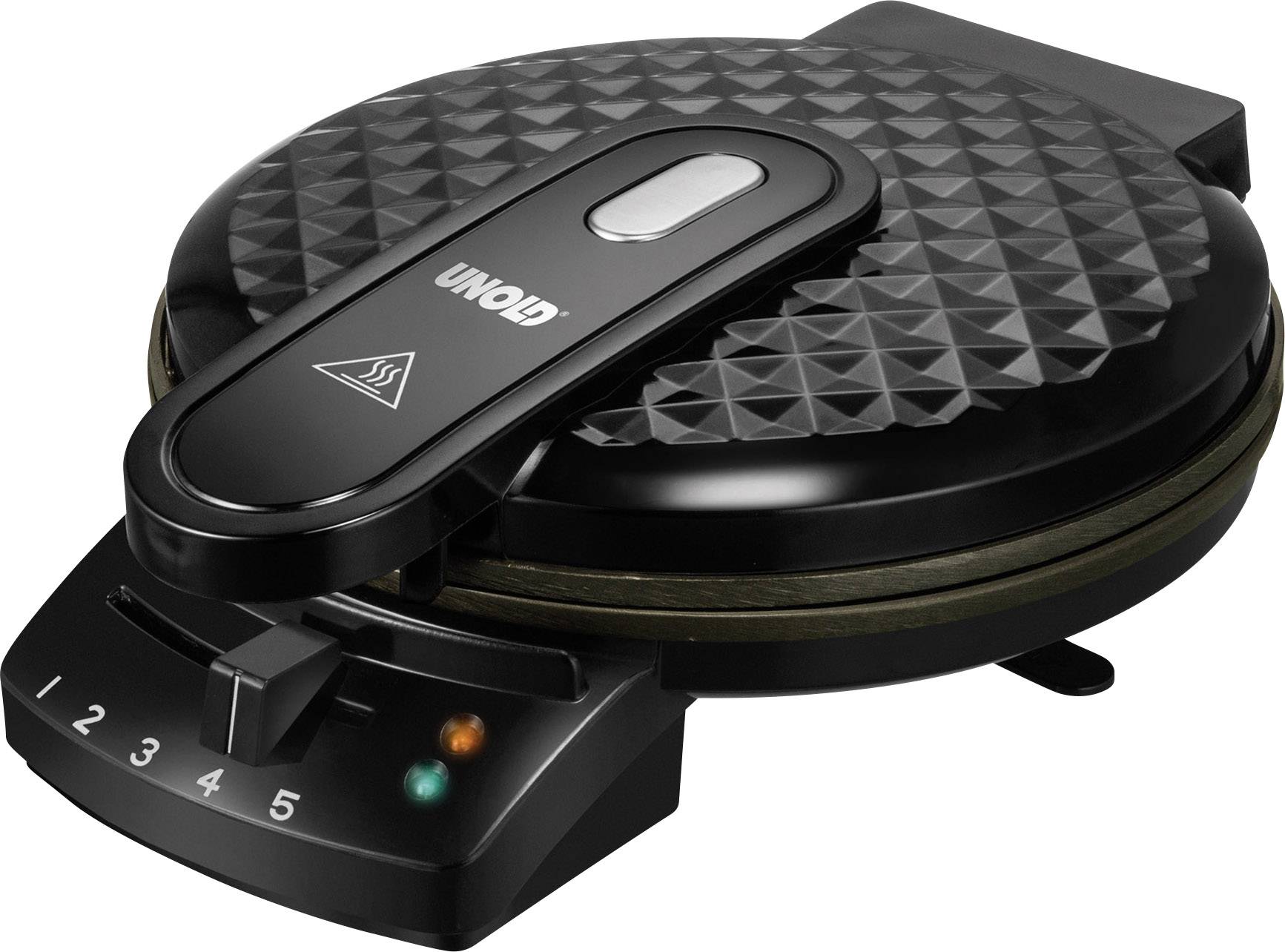 Piastra per waffle nera con regolatore di temperatura e spie luminose, posizionata su una superficie da cucina, pronta per preparare waffle.