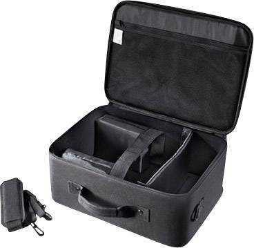 Borsa nera aperta con manico. All'interno ci sono divisori regolabili per l'organizzazione. Alcuni accessori sono posizionati accanto.