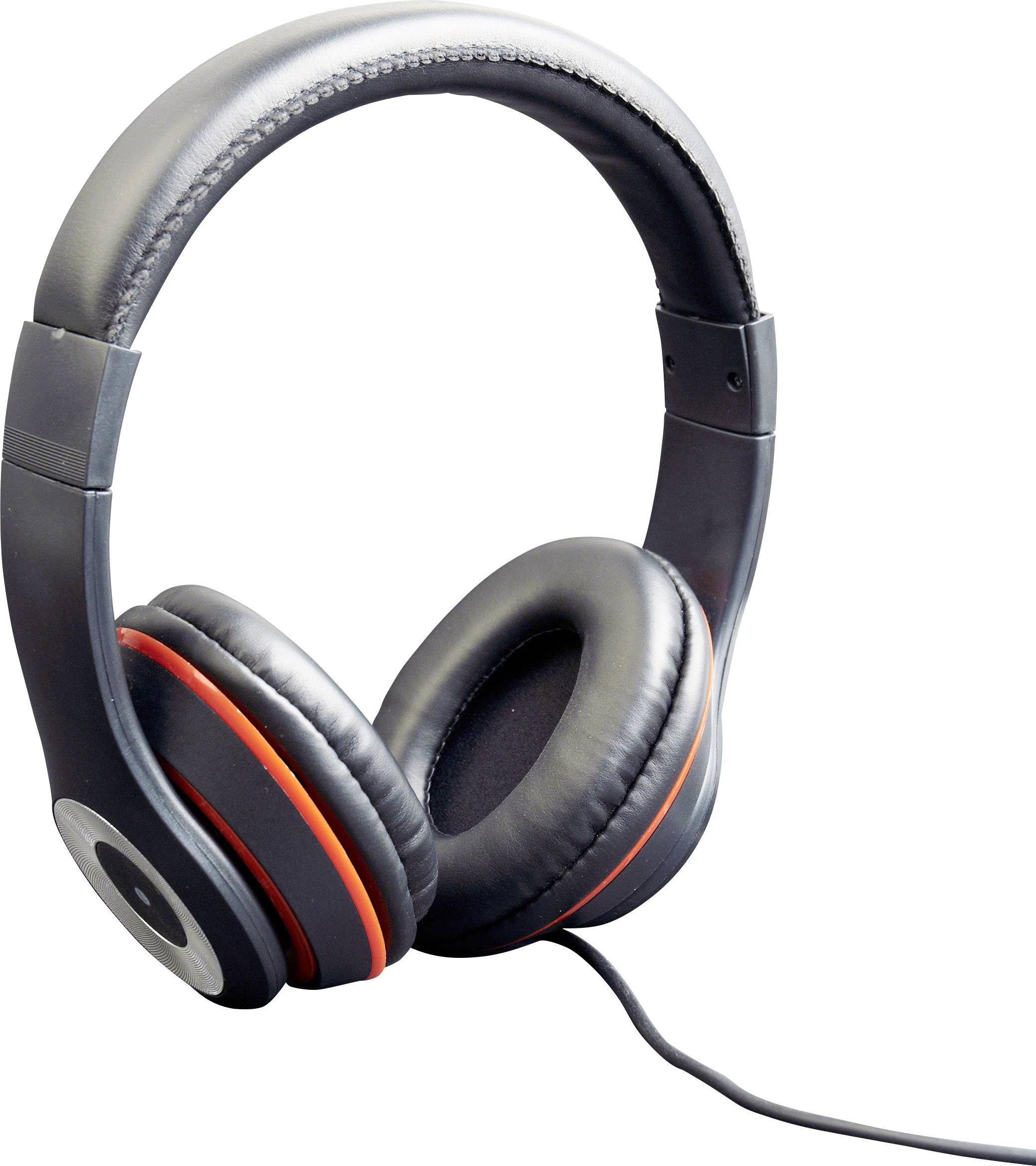 Cuffie nere con spessi cuscinetti auricolari e un cavo, rappresentate su uno sfondo bianco.