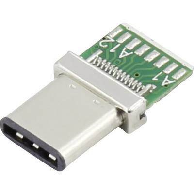 Una spina USB-C che mostra i dettagli del circuito stampato. È progettata per varie connessioni elettroniche e trasferimenti di dati.