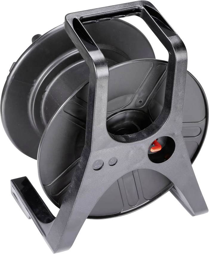 Bobina nera vuota per cavi con un interruttore rosso sul rocchetto, pronta per avvolgere i cavi.