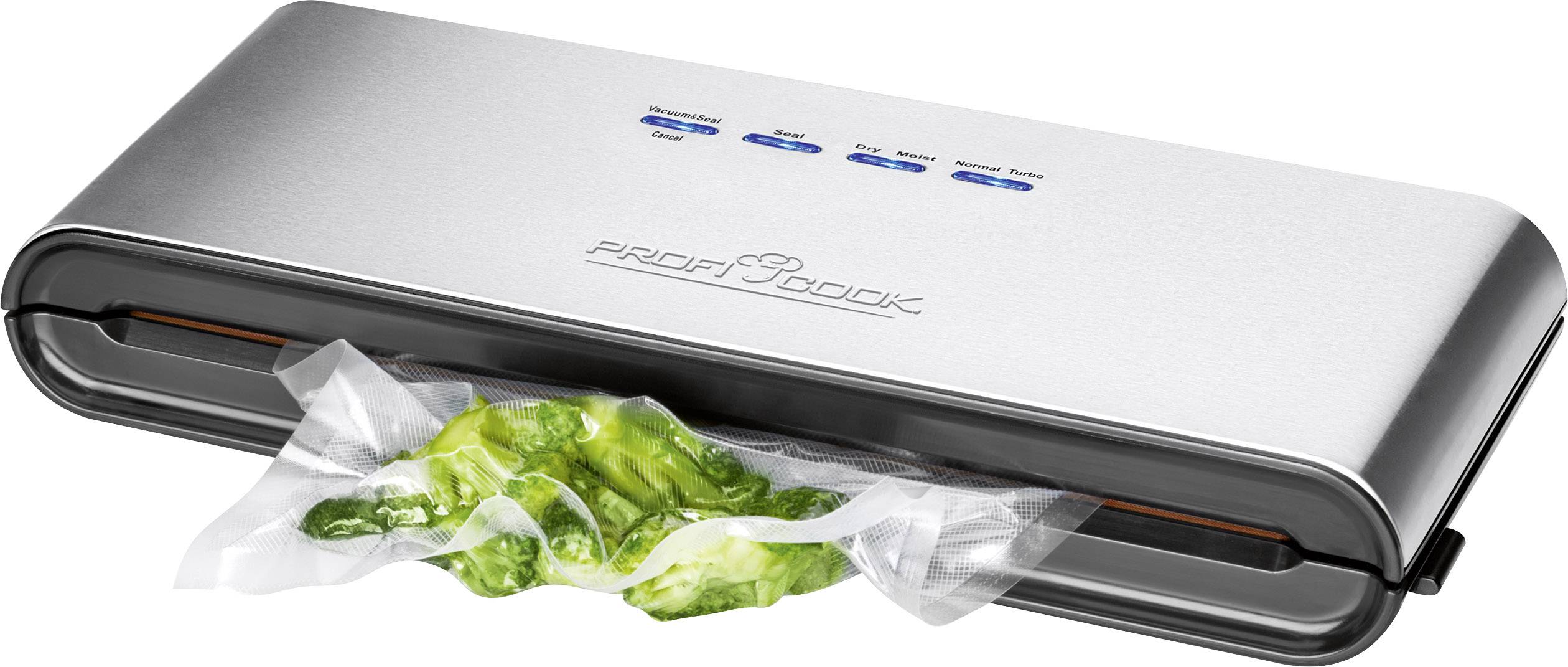 Macchina per sottovuoto con sacchetti applicati, riempita con verdure verdi. Design argentato, compatto. Adatta per sigillare e conservare gli alimenti.