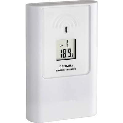 Un sensore digitale bianco per temperatura e umidità mostra '18,9°C' sul display. Adatto per dispositivi a 433 MHz.