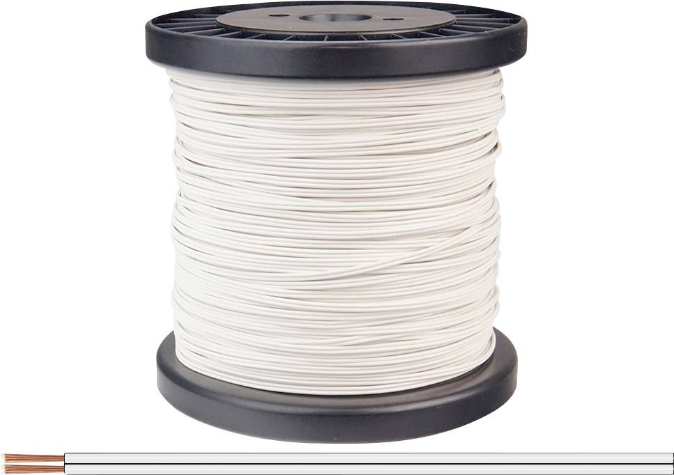 Un rotolo di cavo bianco, avvolto su un rocchetto nero.