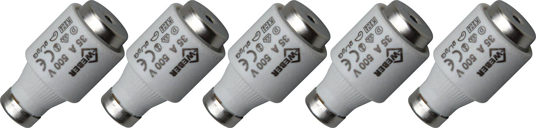 Cinque fusibili cilindrici bianchi con la scritta '25A 500V'. Sono disposti in una linea diagonale.