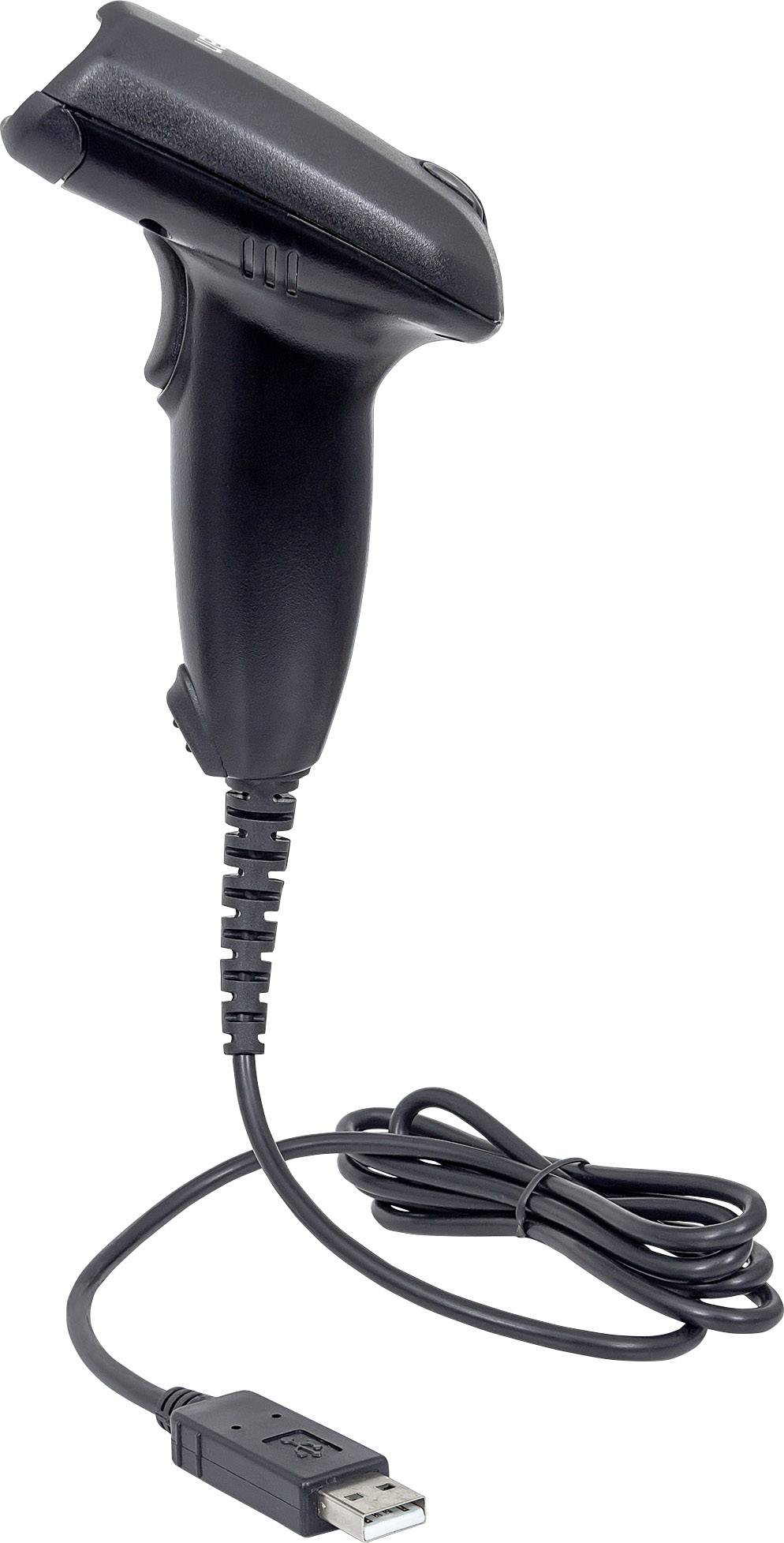 Un lettore di codici a barre nero con un cavo lungo e un connettore USB, utilizzato per scansionare codici a barre, su sfondo bianco.