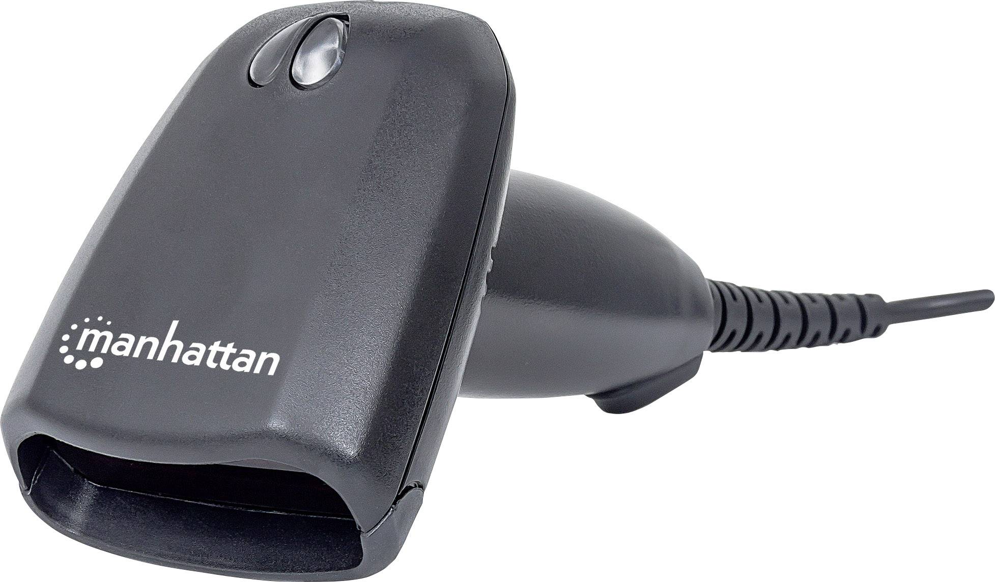 Un lettore di codici a barre nero con il logo 'manhattan' sul lato, collegato tramite un cavo.