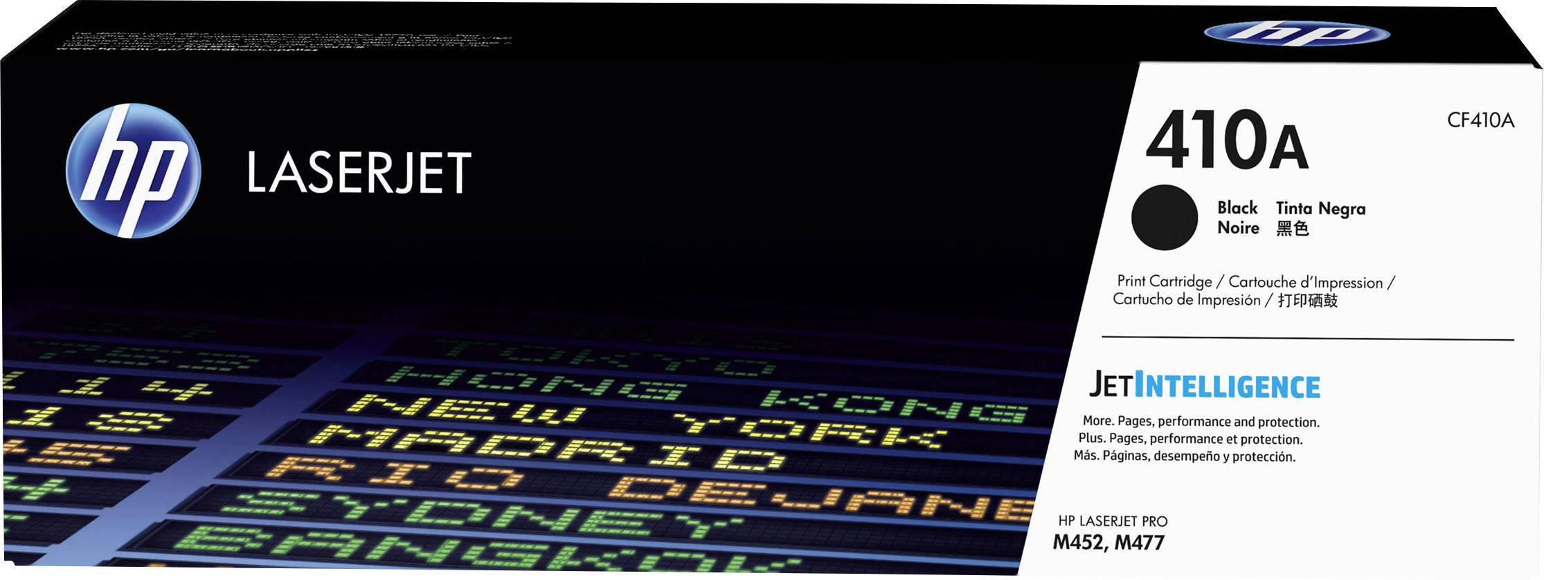 Una cartuccia toner nera HP LaserJet 410A, compatibile con i modelli M452 e M477. Logo del marchio in alto a sinistra sulla confezione.