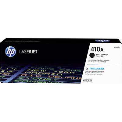 Una cartuccia toner nera HP LaserJet 410A, compatibile con i modelli M452 e M477. Logo del marchio in alto a sinistra sulla confezione.