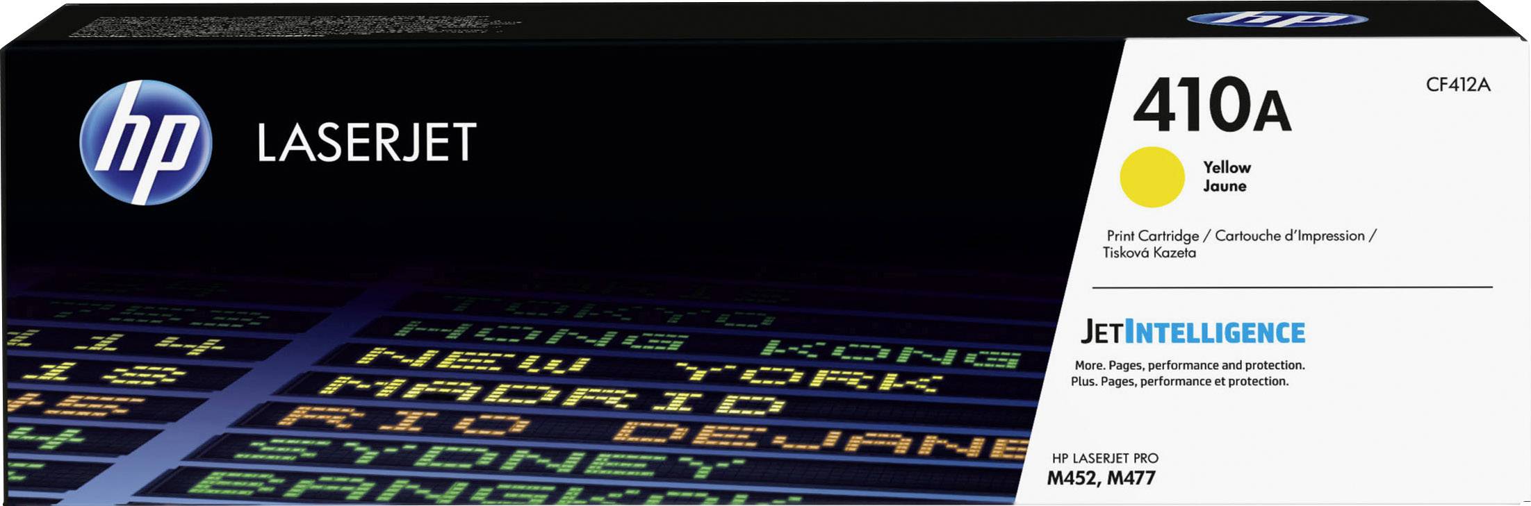 Cartuccia toner laser HP per stampanti HP LaserJet, modello 410A, colore giallo. Compatibile con le serie M452 e M477. Confezione riporta le informazioni del prodotto.