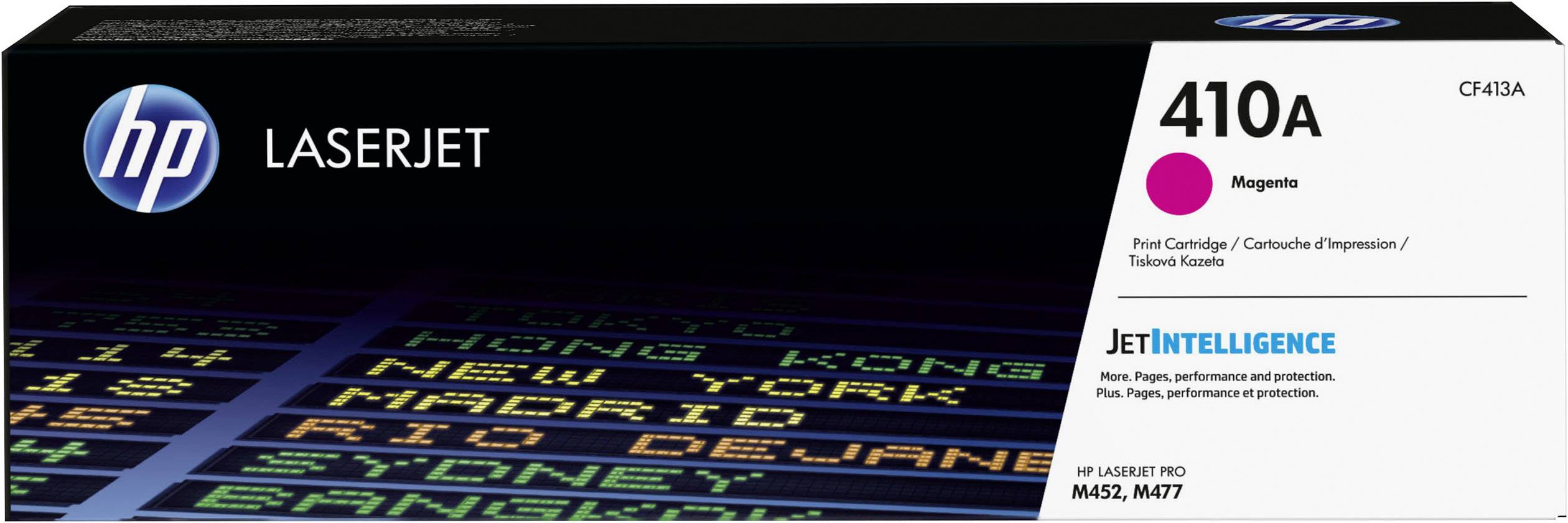 Una cartuccia toner HP LaserJet 410A in Magenta per modelli M452, M477, che sottolinea prestazioni e protezione con 'JetIntelligence'.