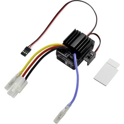 Un regolatore elettronico di velocità con dissipatore di calore, diversi cavi e connettori, utilizzato per veicoli radiocomandati.