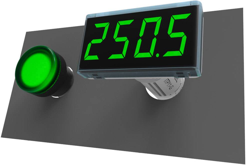 Un pulsante verde accanto a un display digitale che mostra '250,5'.