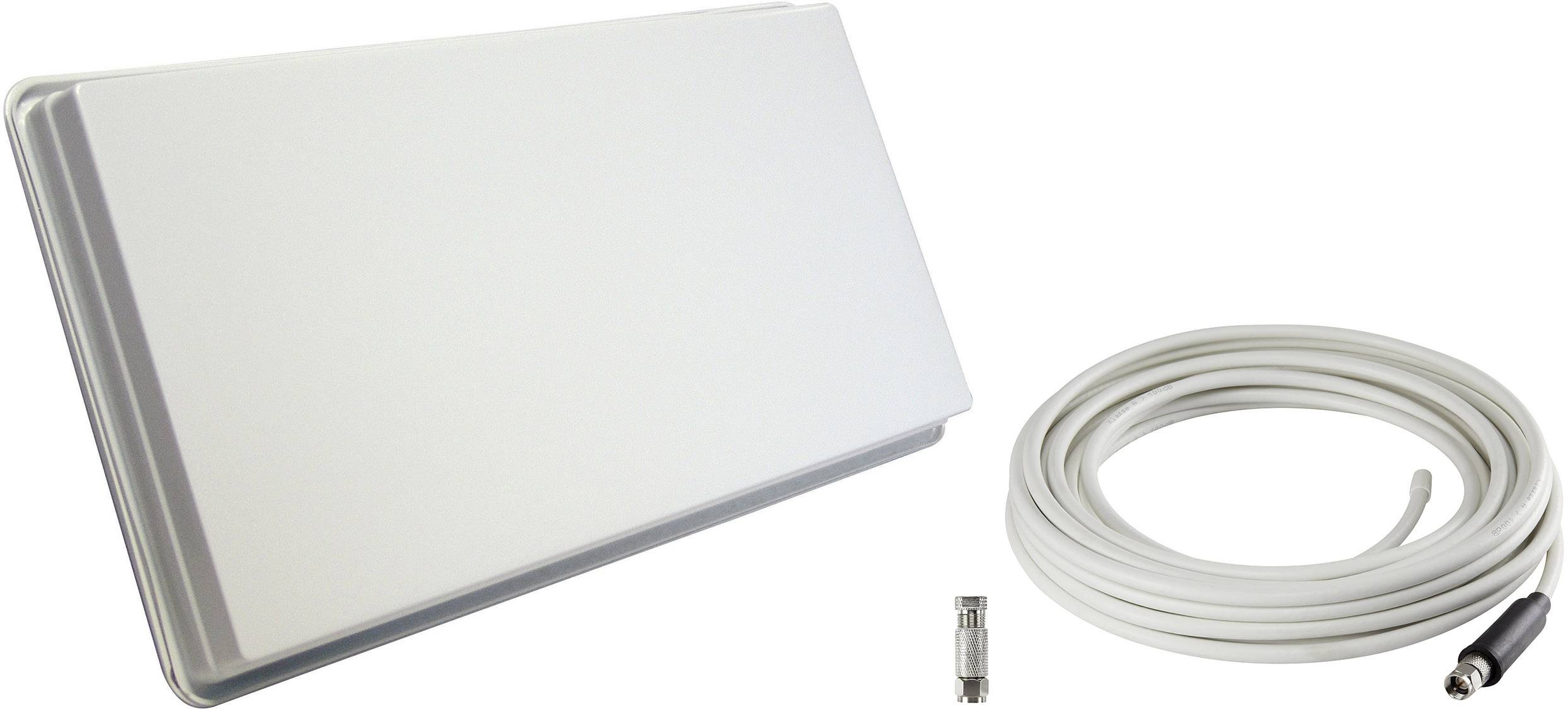 Antenna satellitare bianca con un lungo cavo bianco e due connettori, posizionata su una superficie di sfondo bianca.