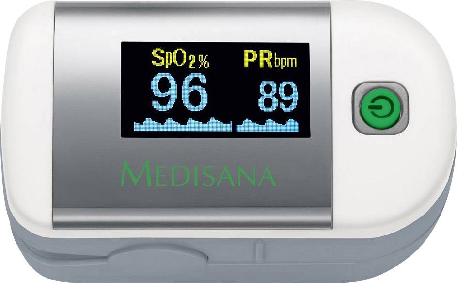 Un pulsossimetro mostra una saturazione di ossigeno del 96% e una frequenza cardiaca di 89 battiti per minuto su un display digitale.