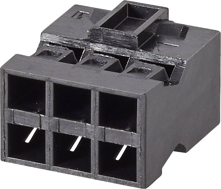 Connettore nero in plastica con sei aperture rettangolari per buchette, idoneo al collegamento di dispositivi o componenti elettrici.