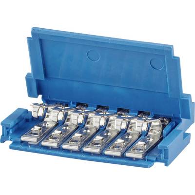 Un connettore elettrico blu con sei morsetti metallici, mostrato in forma aperta. Principalmente utilizzato per connessioni di cavi.