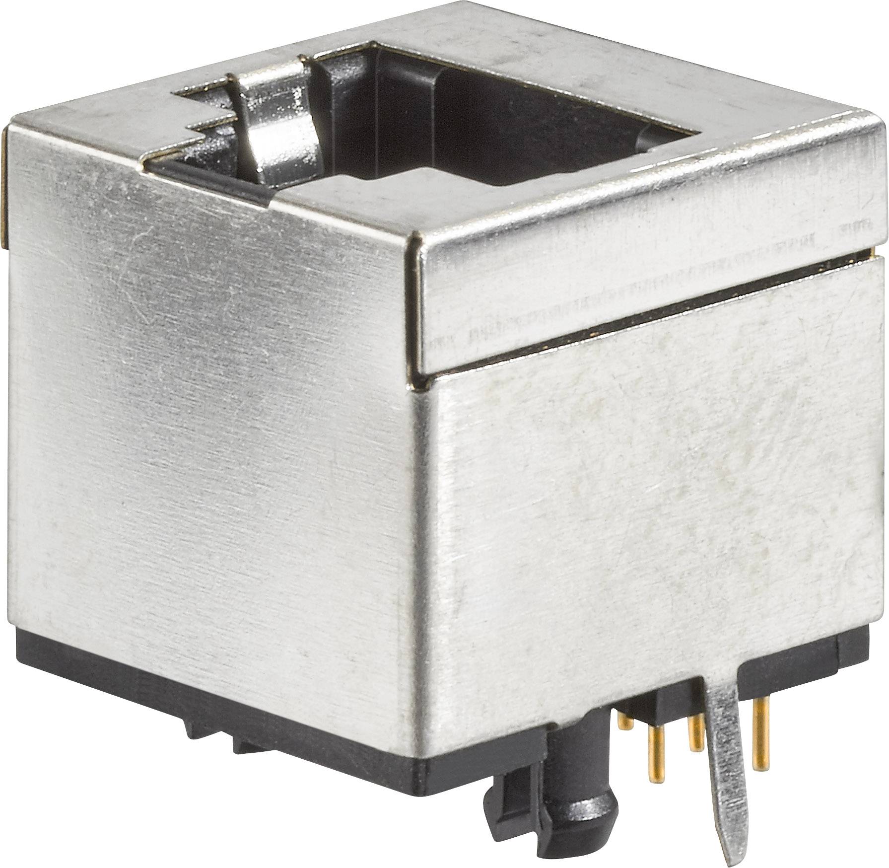 Presa RJ45 in metallo con cinque pin dorati, adatta per connessioni di cavi di rete.