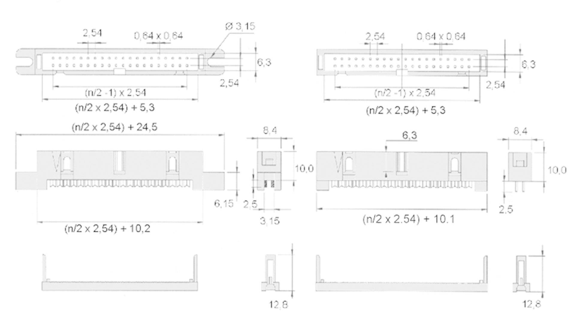Disegno tecnico di un connettore con quote in millimetri, mostra la vista frontale e laterale con dettagli dei pin e delle distanze.