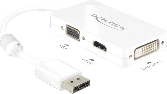 Adattatore con spina DisplayPort e porte per VGA, HDMI e DVI 24+1. Custodia bianca, design compatto.