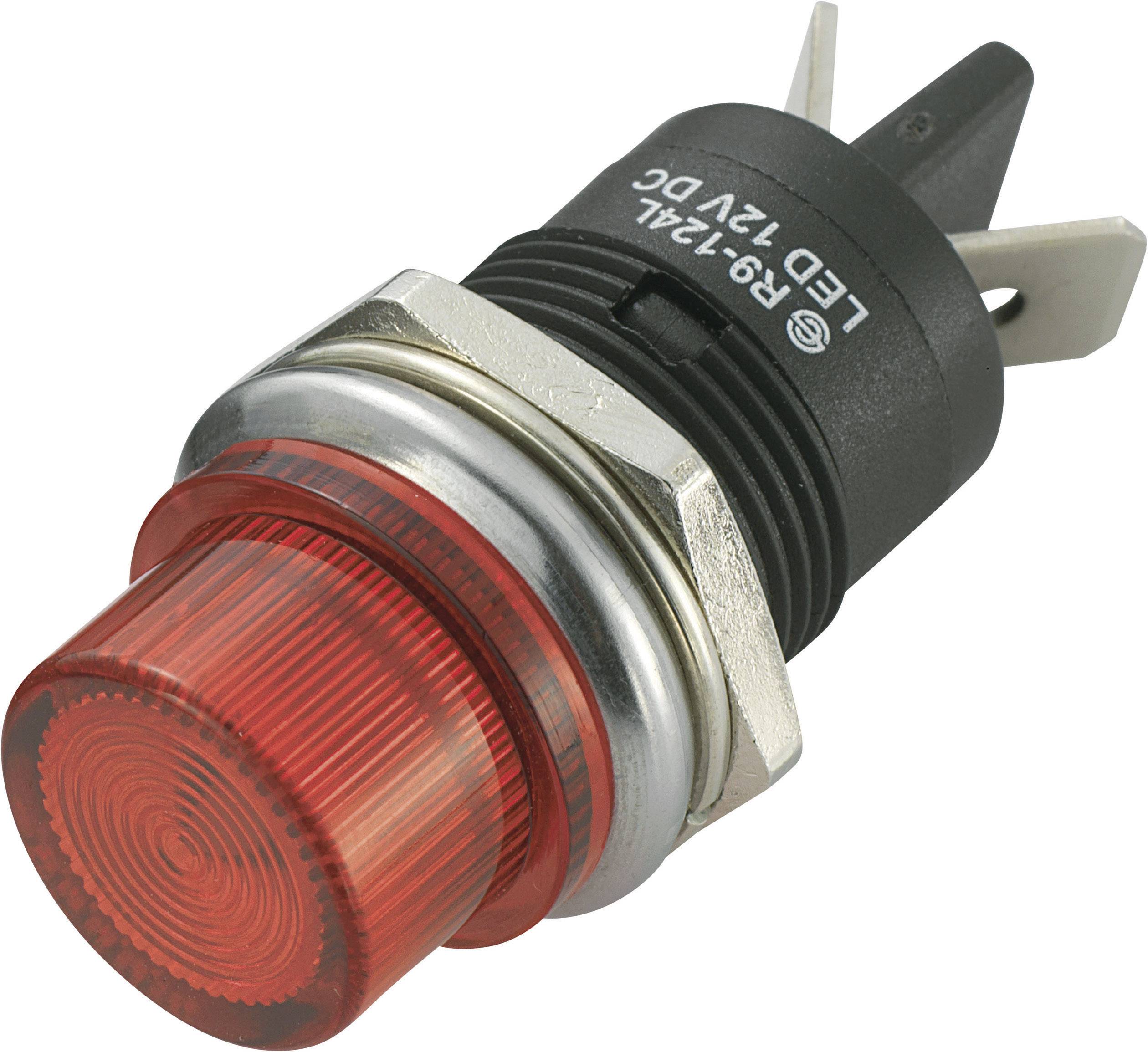 Pulsante LED rosso, forma cilindrica, con stampa 12V-DC.