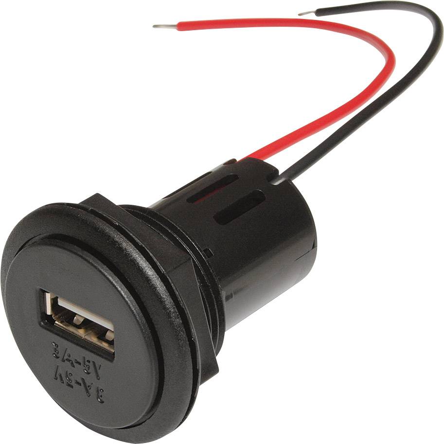 Un connettore USB-A con due fili, uno rosso e uno nero, per l'alimentazione o la connessione dati, su uno sfondo bianco.