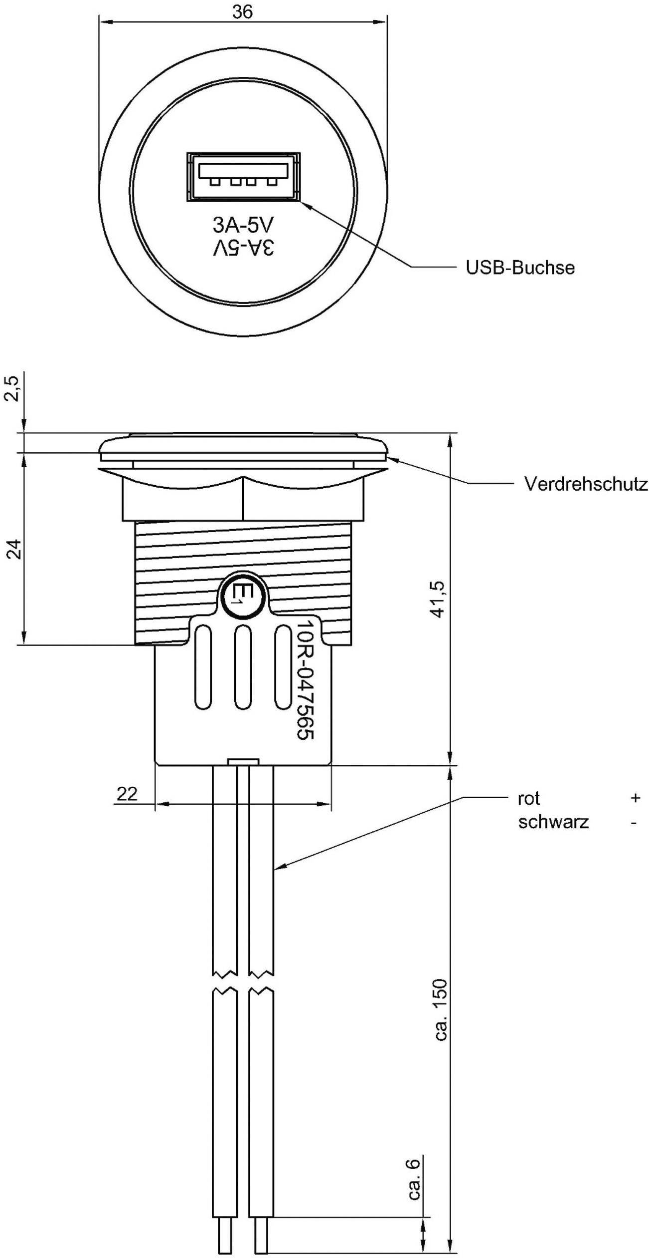 Disegno tecnico di un connettore USB. Mostra le dimensioni, la protezione dall'inversione e i dettagli del cavo. Tensione: 3A-5V. Cavo: rosso e nero.