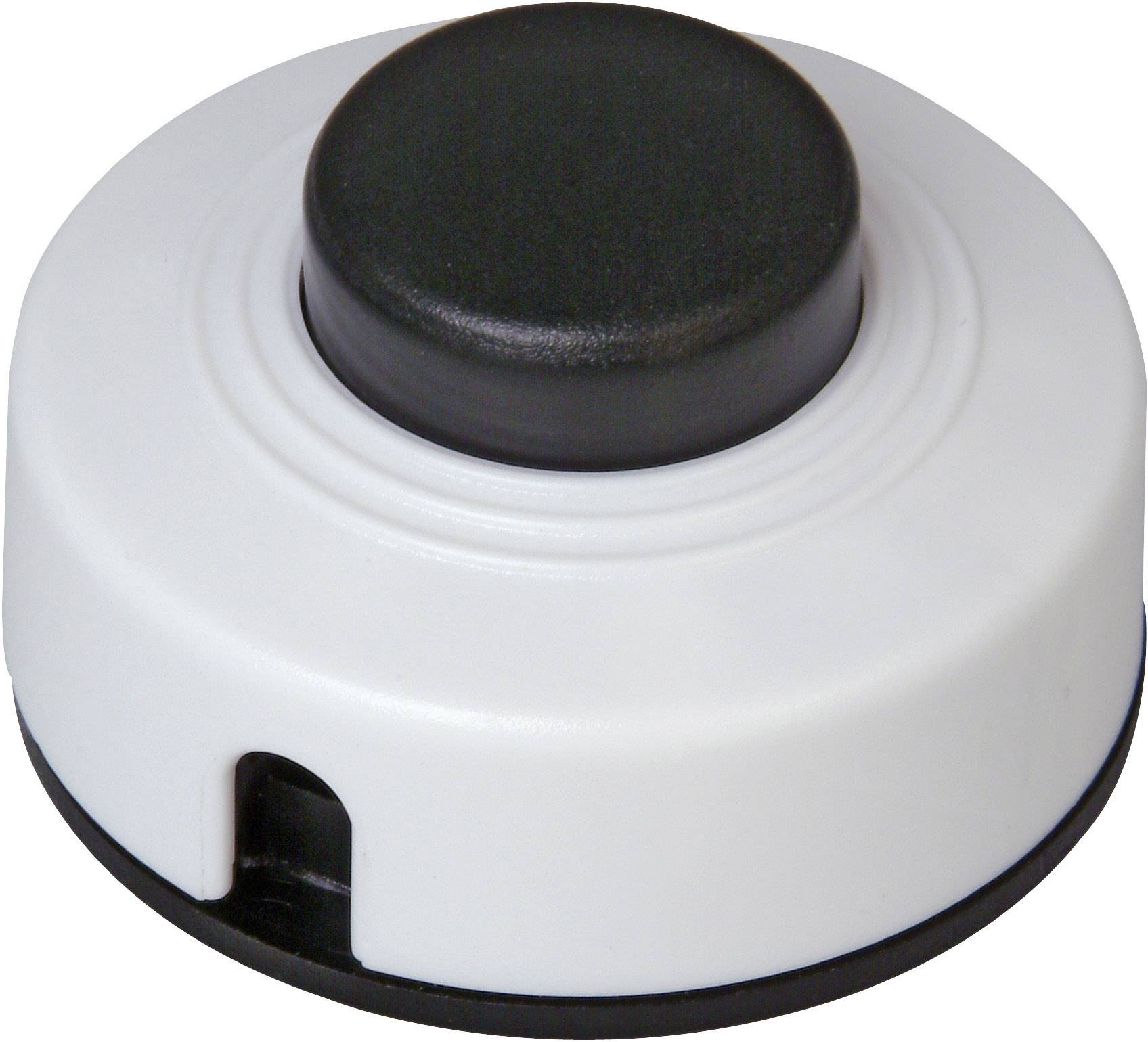 Un bottone rotondo, bianco con una parte superiore nera, montato su un piedistallo piatto. Utilizzato per dispositivi interattivi.