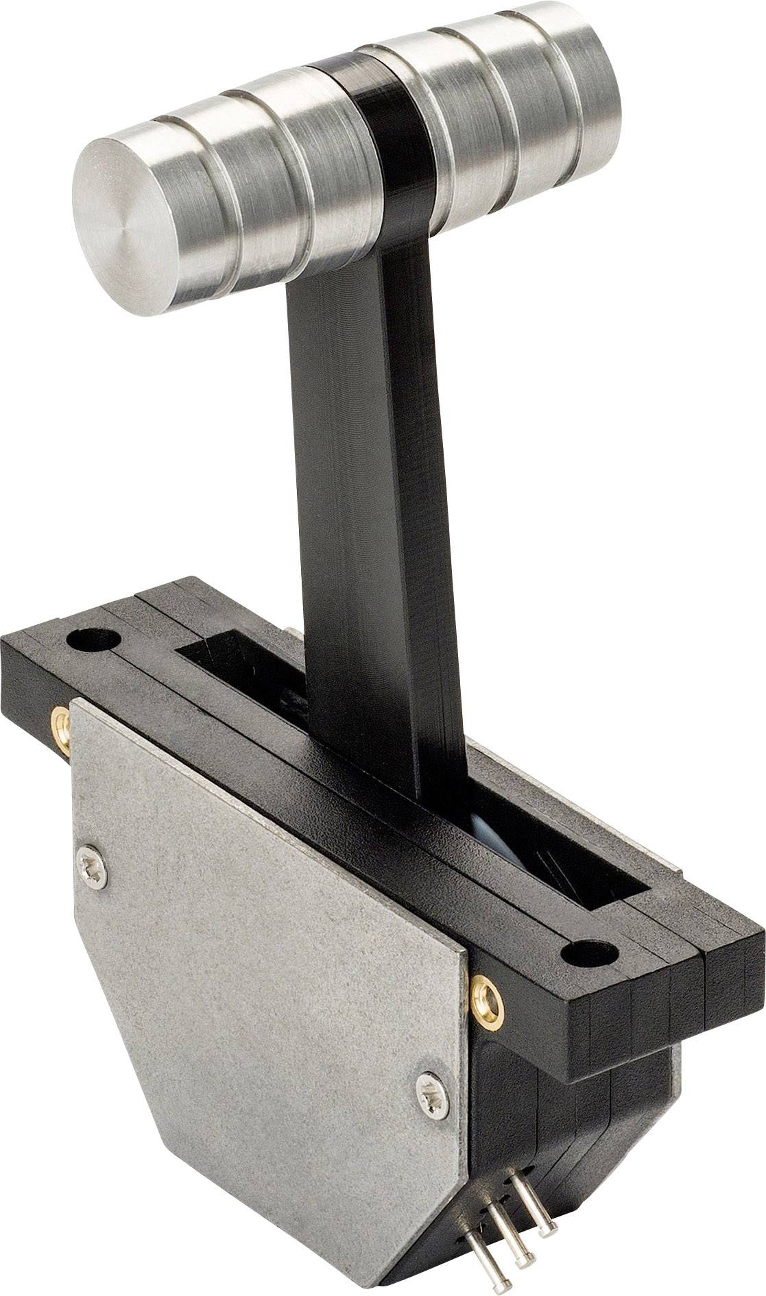 Una leva metallica con base rettangolare e due spinotti di connessione nella parte inferiore, presumibilmente un componente elettronico, raffigurata su sfondo bianco.