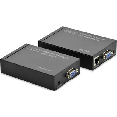 Due estensori VGA-UTP neri con funzione audio. Uno è contrassegnato come trasmettitore, l'altro come ricevitore.