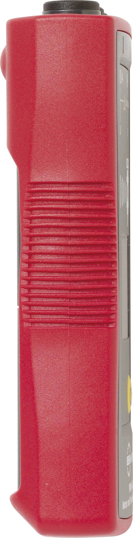 Un dispositivo di collaudo per veicoli rosso in vista laterale con superficie zigrinata e comandi neri.