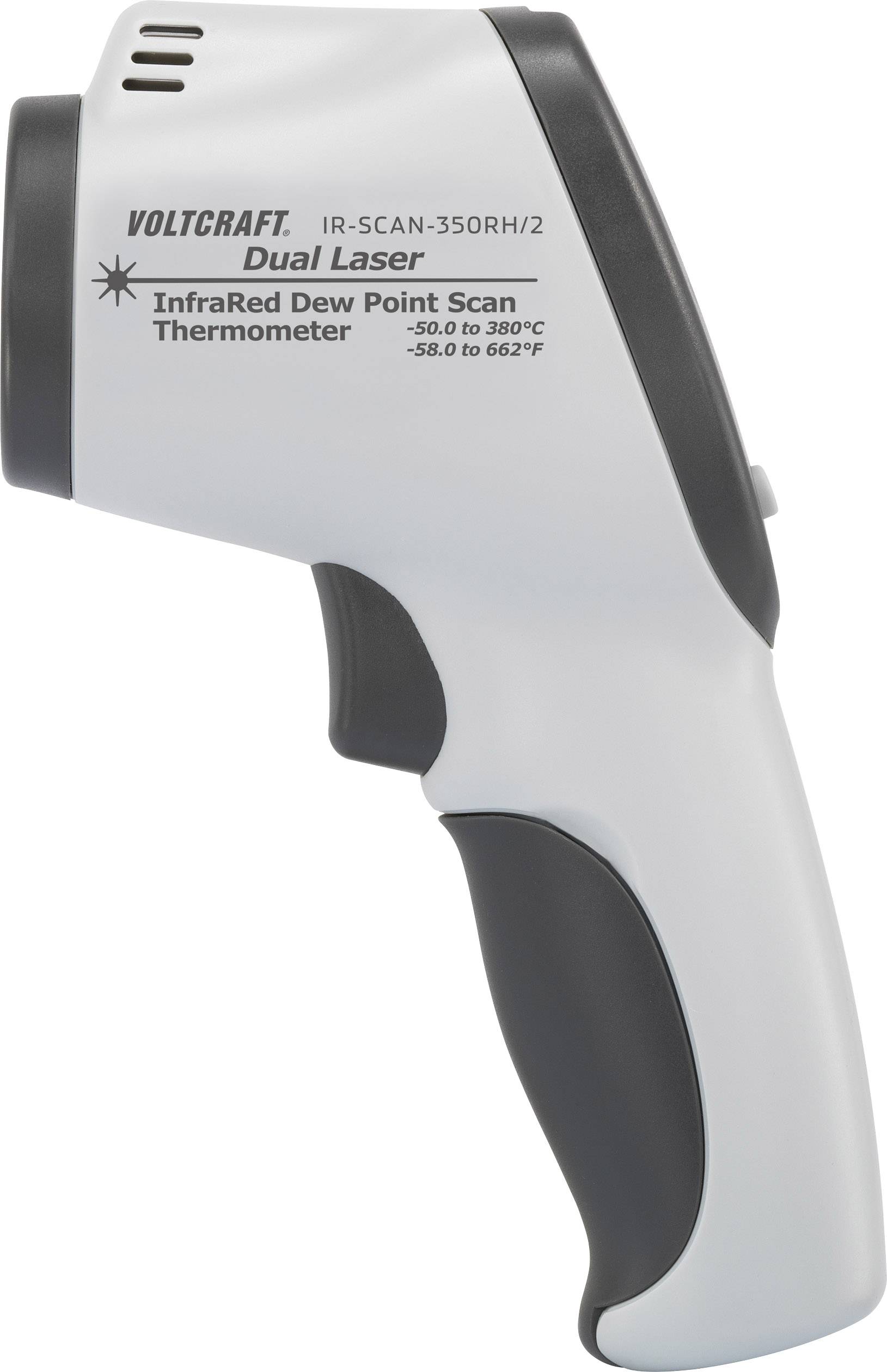 Termometro scanner punto di rugiada a infrarossi con doppio laser, misura temperature da -50 a 380°C. Dispositivo bianco con impugnatura nera.
