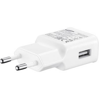 Caricabatterie USB bianco con spine europee, posto orizzontalmente, mostra simboli tecnici e specifiche sulla parte superiore.