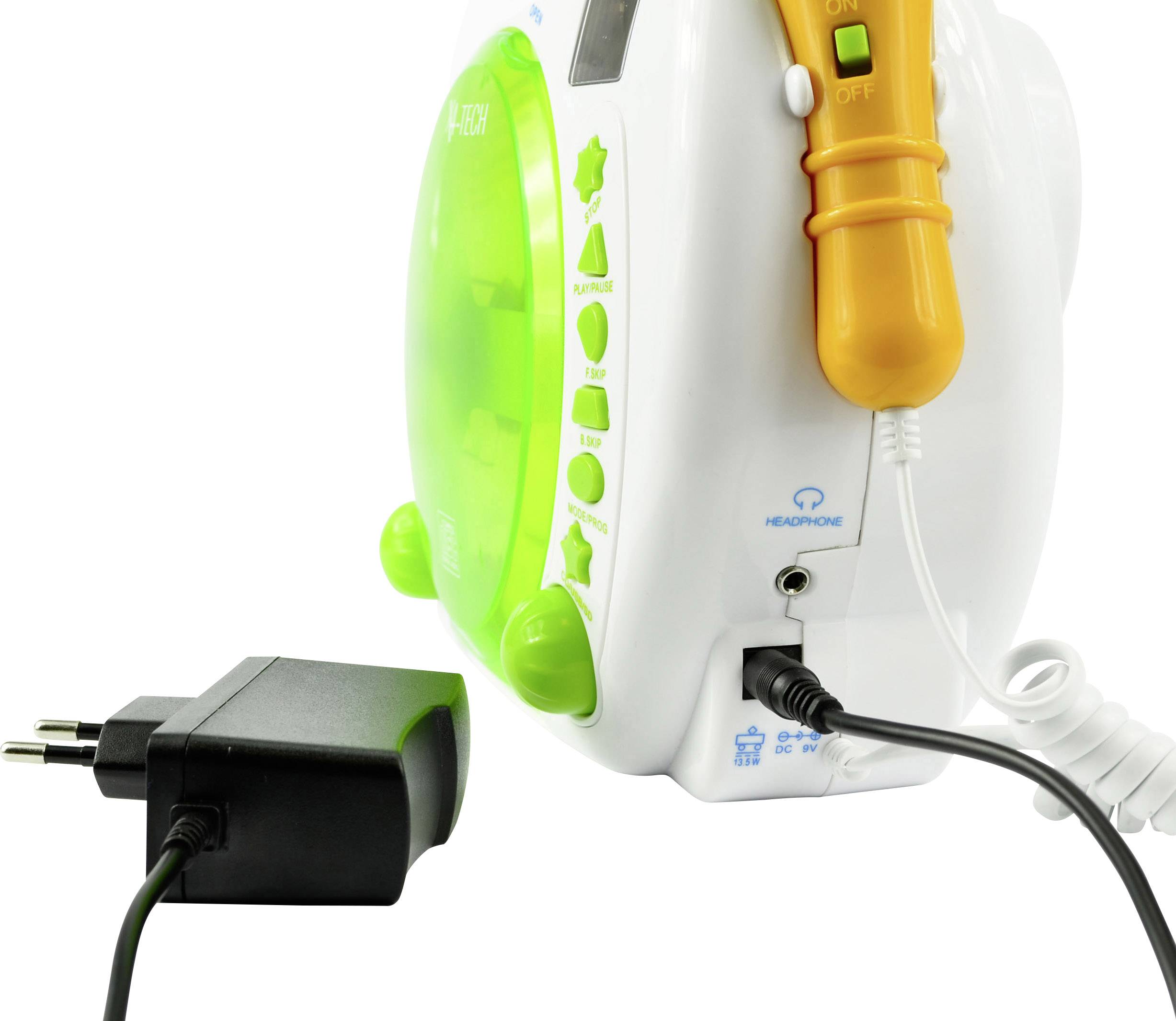 Un lettore CD portatile bianco-verde per bambini con microfono, ingresso per cuffie e alimentatore, ideale per divertirsi con la musica e il canto.