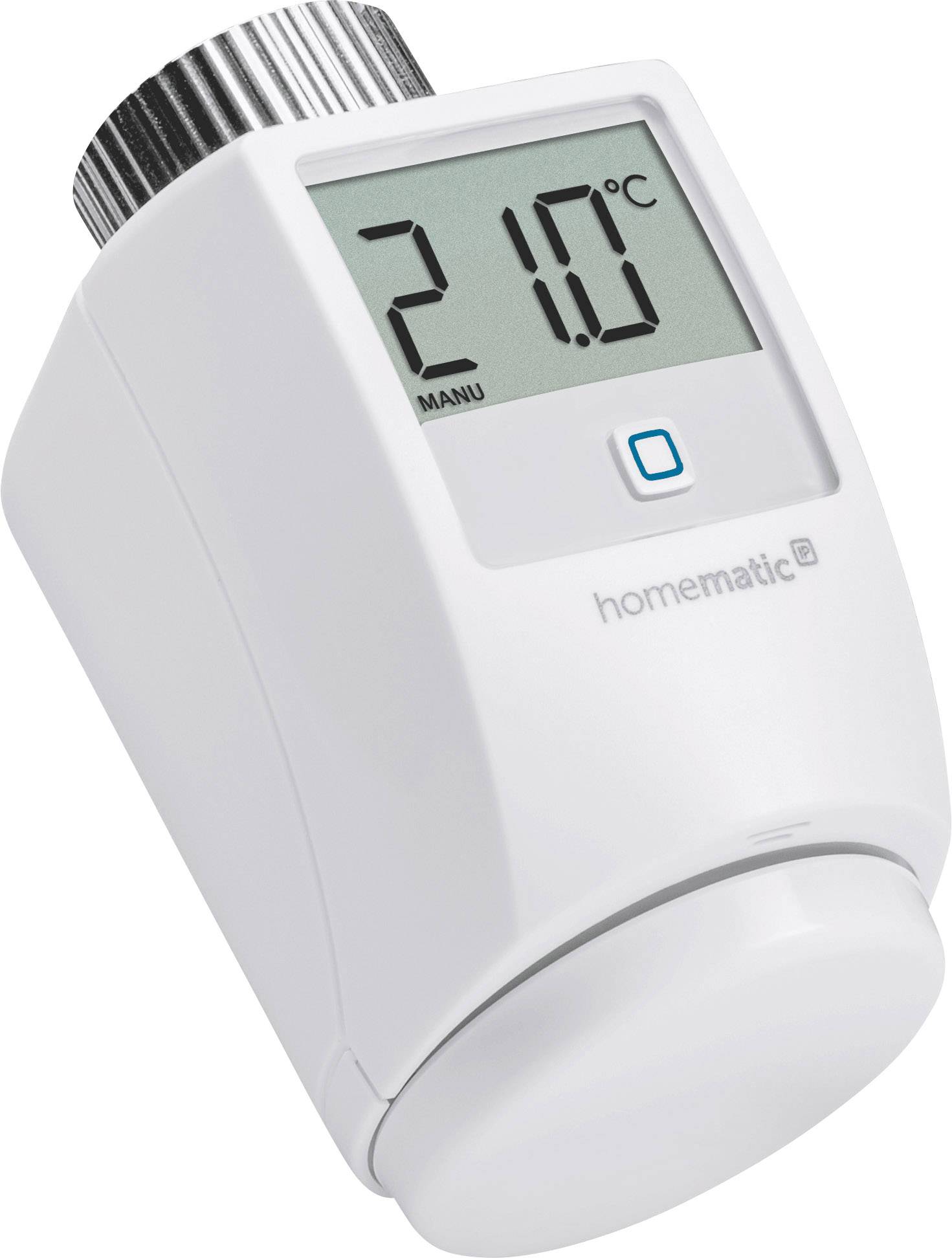 Termostato intelligente con display digitale che mostra 21,0°C. Manopola di regolazione argentata in alto a destra. Tasto del display e logo 'homematic IP' visibili.
