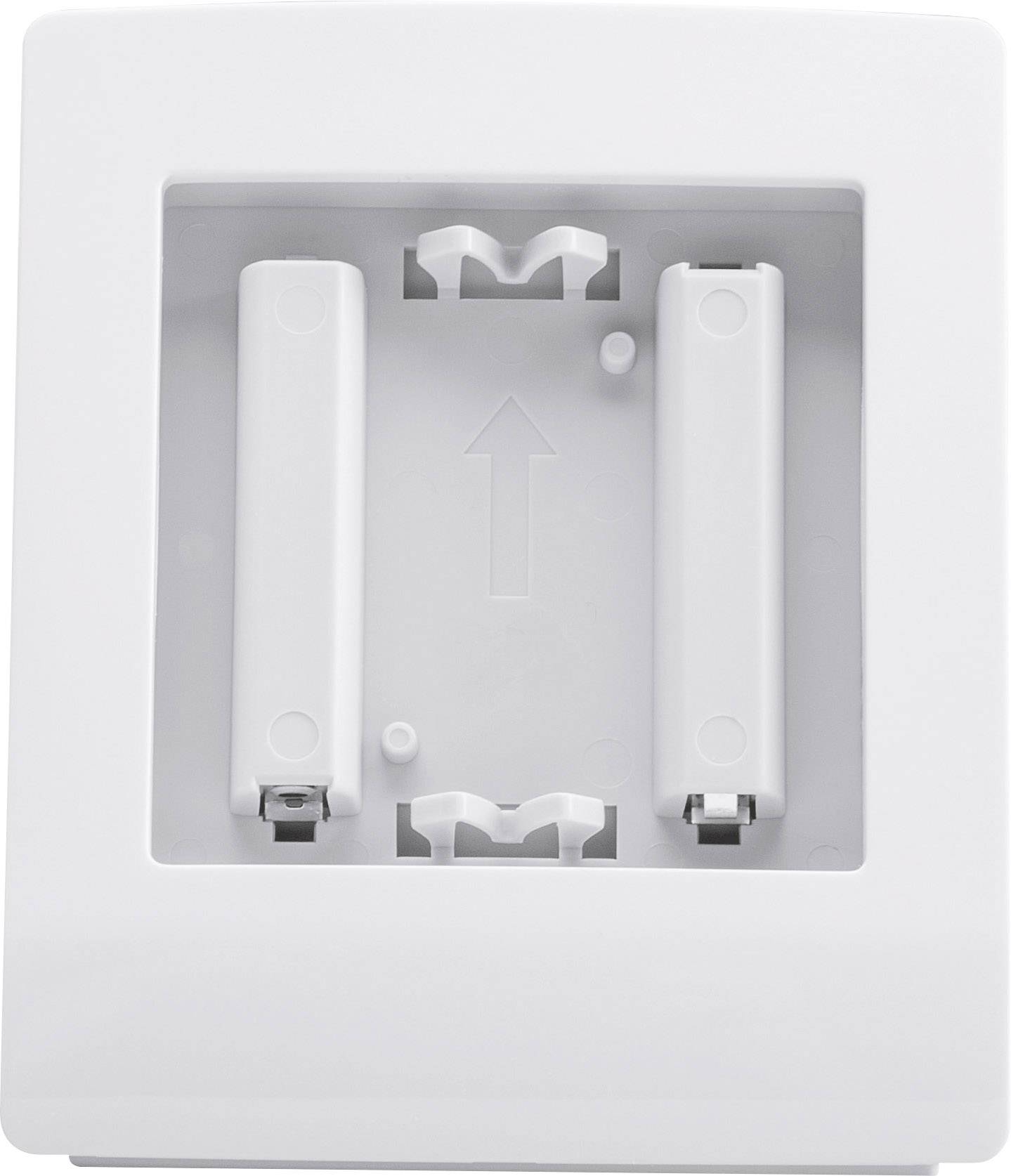Portabatterie vuoto per due batterie AA, con freccia rivolta verso l'alto. Contatti incapsulati su entrambe le estremità del supporto.