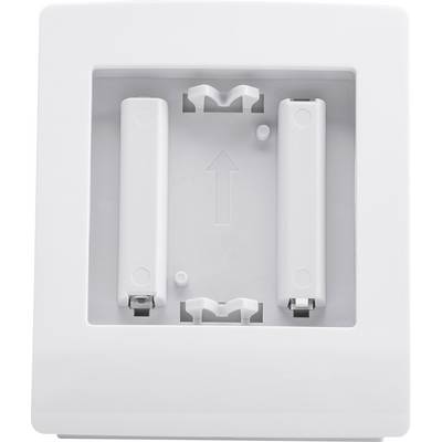 Portabatterie vuoto per due batterie AA, con freccia rivolta verso l'alto. Contatti incapsulati su entrambe le estremità del supporto.