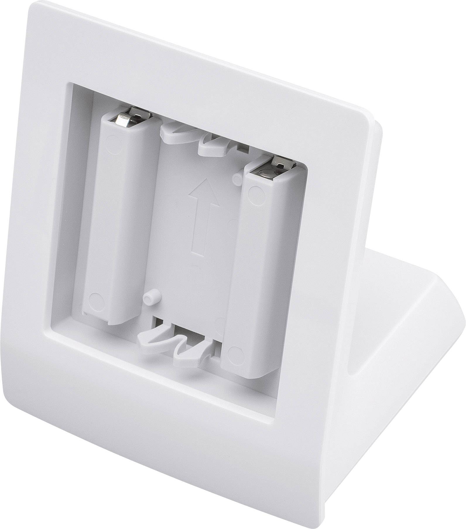Veduta posteriore di un vano batterie bianco, aperto e vuoto. È progettato per due batterie ed è inserito in un supporto trapezoidale.