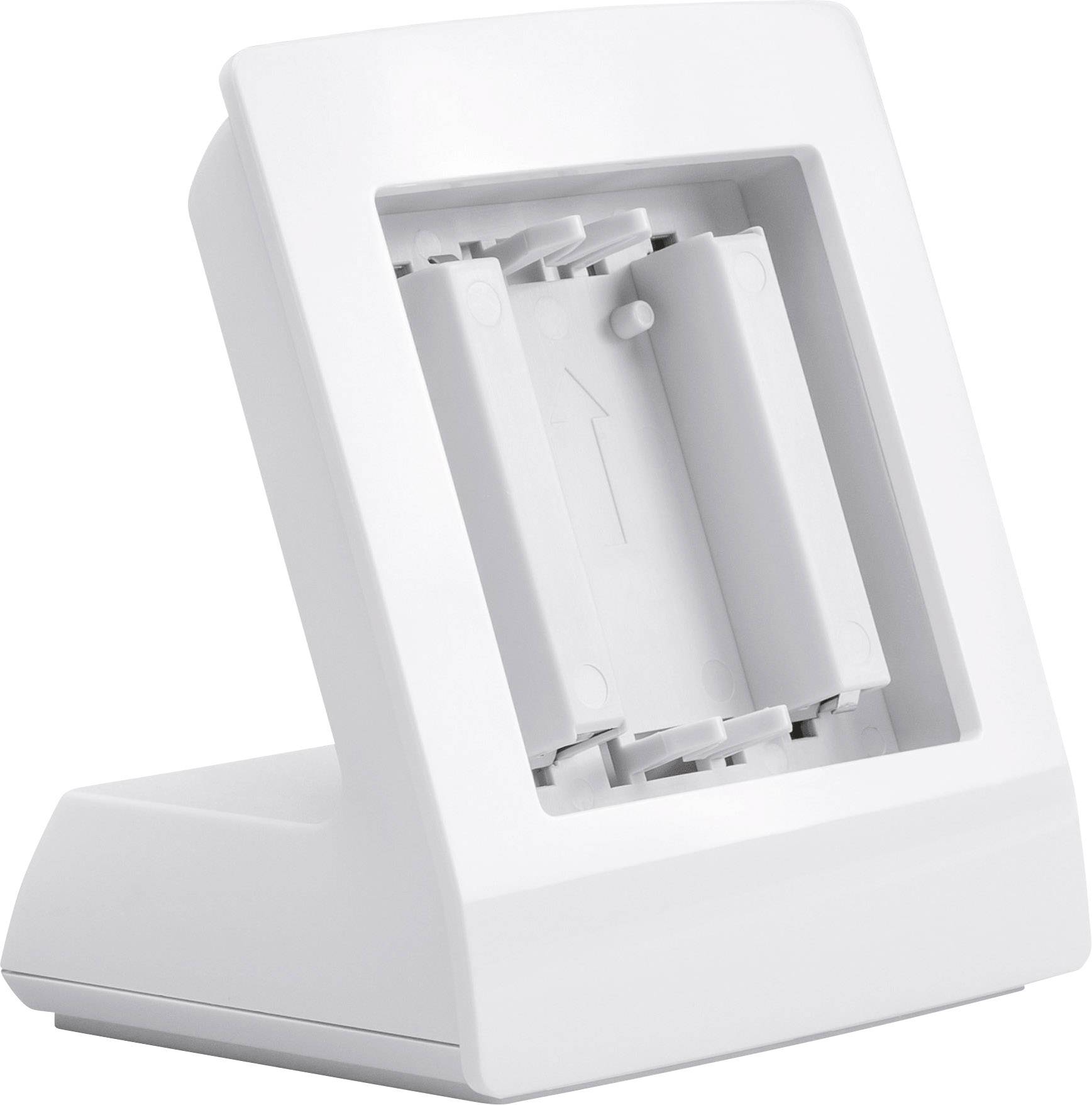 Supporto bianco e vuoto con design inclinato, adatto per ospitare un dispositivo tecnico o un telecomando.