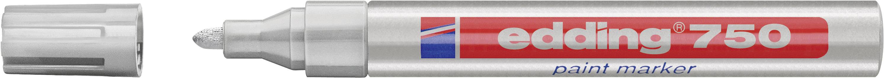 Pennarello Silberner con etichetta rossa che riporta la scritta 'edding 750 paint marker'. Cappuccio accanto alla punta.